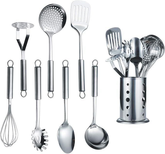 Berglander Cooking Utensil Set 8 Piece, Stainless Steel Kitchen Tool Set with Stand,Cooking Utensils, Slotted Tuner, Ladle, Skimmer, Serving Spoon, Pasta Server,Potato Maseher, Egg Whisk. （8 Pieces） by Berglander