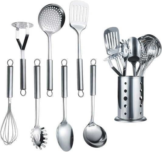 Berglander Cooking Utensil Set 8 Piece, Stainless Steel Kitchen Tool Set with Stand,Cooking Utensils, Slotted Tuner, Ladle, Skimmer, Serving Spoon, Pasta Server,Potato Maseher, Egg Whisk. （8 Pieces） by Berglander