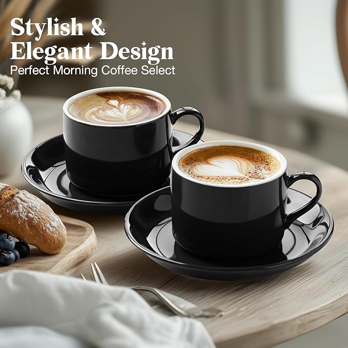 5 Ounce Black Porcelain Stackable Espresso Cups with Stainless Steel Holder, Set of 4, Durable Ceramic, Perfect for Home, Office or Gift