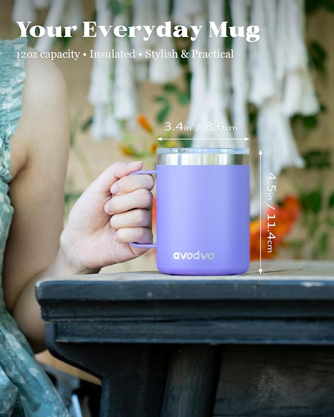 12oz Insulated Coffee Mug with Lid – Includes Two Lids, Stainless Steel Coffee Travel Mug with Handle, Double Wall Vacuum Insulated Camping Mug for Home, Office & Outdoor, Periwinkle Purple - Image 4