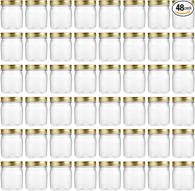 novelinks 8 oz Plastic Mason Jars and Clear Plastic Jars with Lids 8 oz | 48 Pack, Gold, Plastic Containers with Lids, Small Mason Jars, Clear Jars Bulk, Spice Jars, Slime Jars, Mini Jars by novelinks