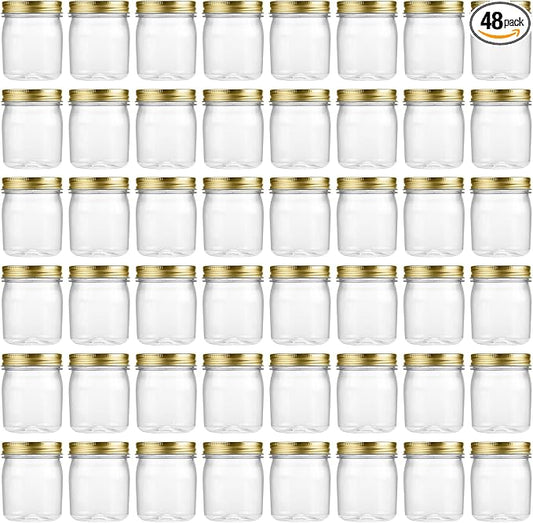 novelinks 8 oz Plastic Mason Jars and Clear Plastic Jars with Lids 8 oz | 48 Pack, Gold, Plastic Containers with Lids, Small Mason Jars, Clear Jars Bulk, Spice Jars, Slime Jars, Mini Jars by novelinks