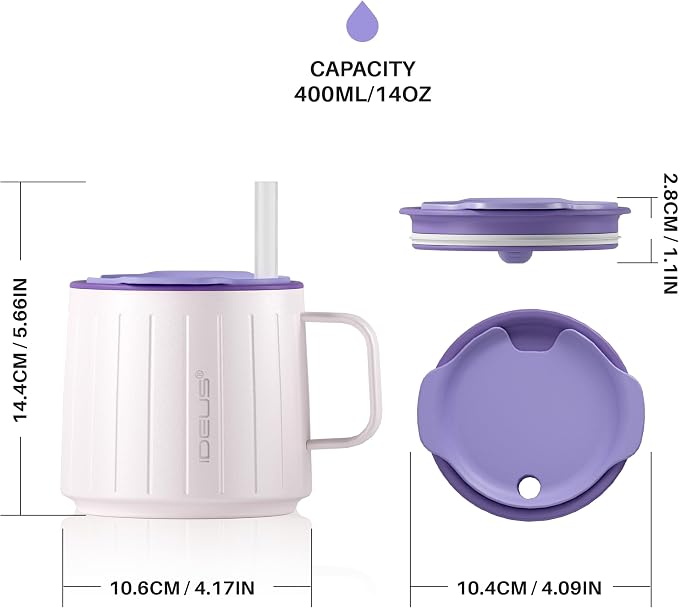 Ideus 14 oz Insulated Coffee Mug with Handle and Lid, Double Wall Stainless Steel Vacuum Thermal Coffee Mug, Travel Coffee Cup for Home and Office, Violet - Image 5