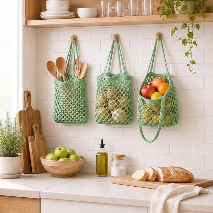 Honeydak Boho Decor Hanging Wall Baskets for Kitchen 3 Pack Teardrop Baskets with Hooks Storage Fruit Onion Vegetable Potato for Home(Sage Green,Mesh,Cotton Rope) - Image 4