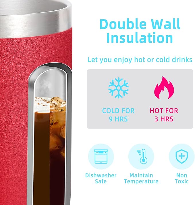 Volhoply 14oz Insulated Stainless Steel Coffee Mug with Leakproof Lid,Double Wall Vacuum Travel Coffee Cup with Handle,Reusable Metal Cups Tumbler,Camping Mugs Keep Hot&Cold,Ideal Gifts(Red,1) - Image 3