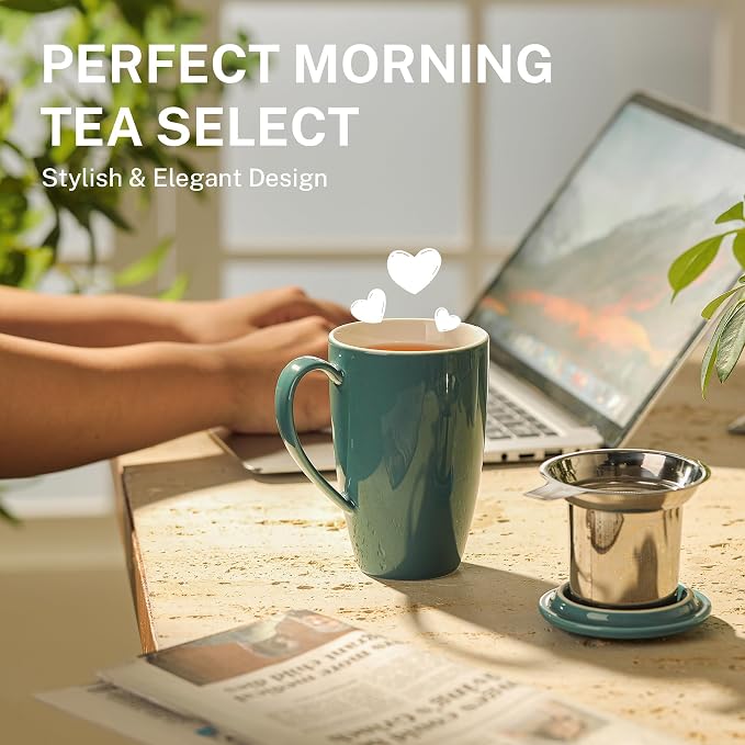 Sweese 15 OZ Porcelain Tea Mug with Infuser and Lid, Loose Leaf Tea Cup, Gifts for Tea Lover, Sage Green - Image 5