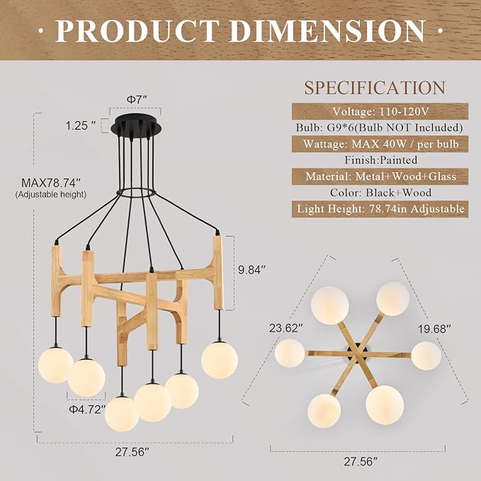 Wooden Chandeliers L28 '' Natural Farmhouse 6-Light Milk Glass Pendant Light Rustic Mid Century Long Hanging Lighting for Living Dining Room Entryway Foyer Bedroom Kitchen,G9 - Image 3