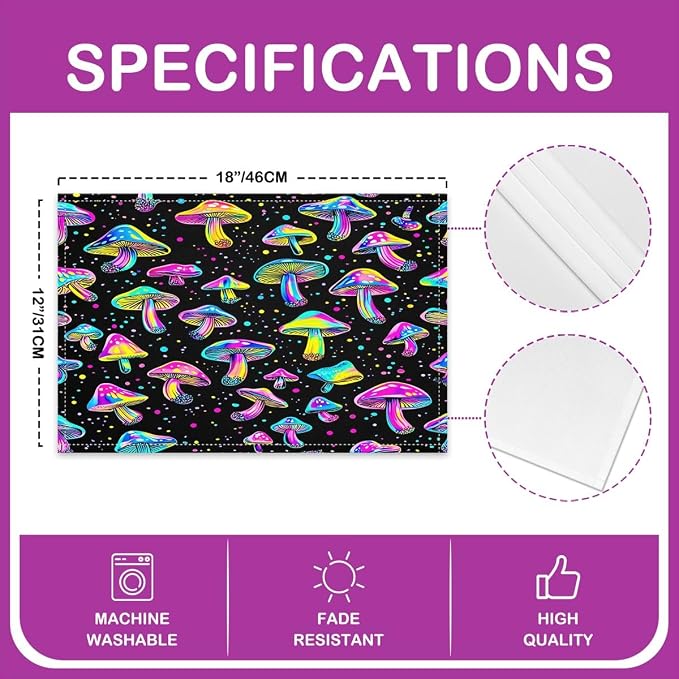 Feelyou Cute Mushroom Decor Table Place Mats 18"x12" Kawaii Fungus Placemats Set of 4 Colorful Mushroom Placemat for Kitchen Dining Table Decor Indoor Outdoor Botanical Theme Decor Table Place Mats - Image 4