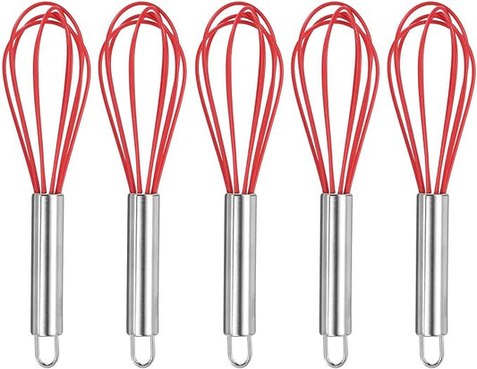 HARFINGTON 5Pcs Silicone Whisk 8" Kitchen Whisk Wire Whisks Beater with Stainless Steel Handle for Egg Milk Whisking Blending Beating & Stirring, Red