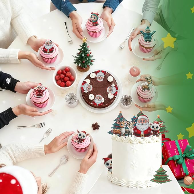 46 PCS Edible Christmas Cake Decorations, Wafer Paper Santa, flowers, bees, maple leaves suitable for Christmas cupcake decoration mix - Image 3