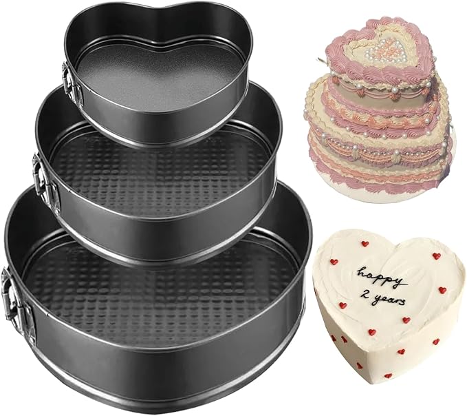 Springform Cake Pan Set of 3 (4, 7, 9 Inch) Heart Leakproof Nonstick Cheesecake Pans with Removable Bottom Carbon Steel Bakeware by GZMAISULEE