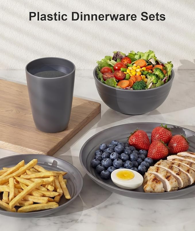 Quatish 32 Piece Plates and Bowls Sets for 8, Unbreakable Dinnerware Sets, Plastic Dish Set for Camping, Dishwasher Microwave Safe, Outdoor Kitchen and Apartment Dorm Dinning RV Essentials, Grey - Image 3
