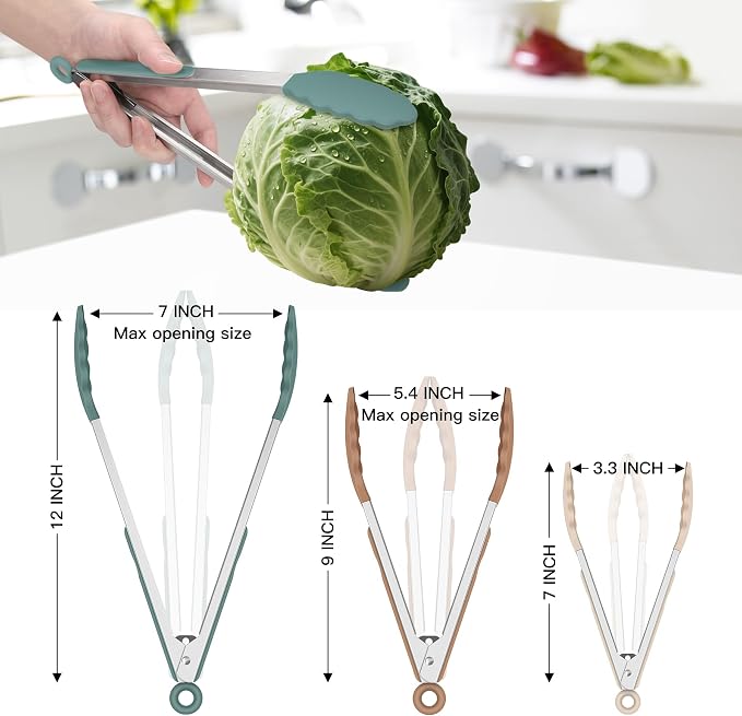 HOTEC Premium Stainless Steel Locking Kitchen Tongs with Silicon Tips, Set of 3-7", 9" and 12" (Neutral Color) - Image 4