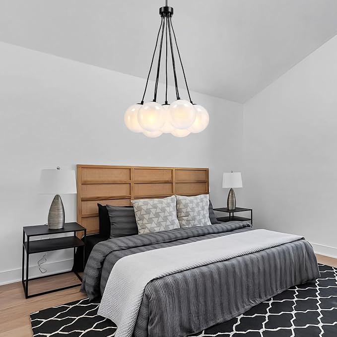 Modern Globe Black Chandelier Milky Glass Shade Sputnik Ceiling Light Fixture, Mid Century Bubble Dining Room Pendant Light, Hanging Island Light for Kitchen Bedroom Entryway Over Table - Image 4