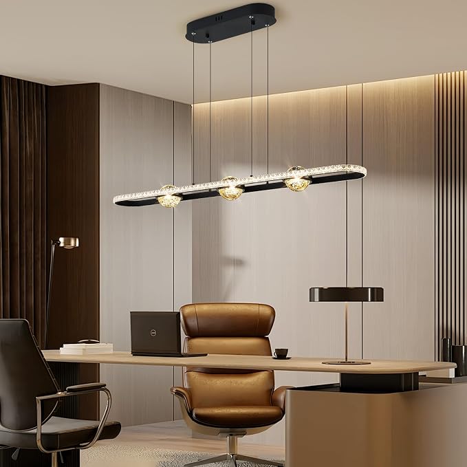 ORANOOR Modern LED Pendant Lights, Dimmable 39inch Crystal Globe Chandelier | Linear LED Chandelier Rectangle Black Dining Room Hanging Light Fixtures Kitchen Island Pendant Light Over Dining Table, 40W - Image 6