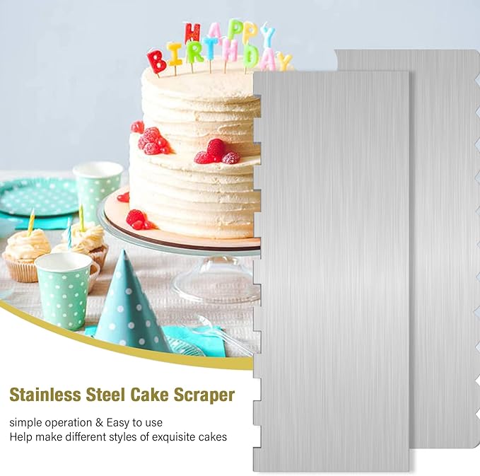 2 Pc Stainless Steel Cake Scraper Cake Decorating Tools Edge Side Jagged Wave Double Sided Patterned Comb Metal Cake Carving Smoothing Cream Pastry Baking(CS-21，CS-25)