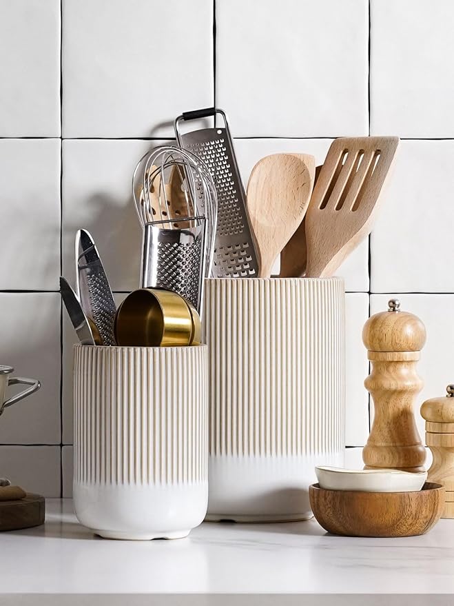 LE TAUCI Utensil Holder for Kitchen Counter, 7.3"+5.4" Fluted Ceramic Utensil Crock Organizer for Countertop, Heavy Large Holder for Spatulas, Spoons, Set of 2, Warm White Glaze - Image 3
