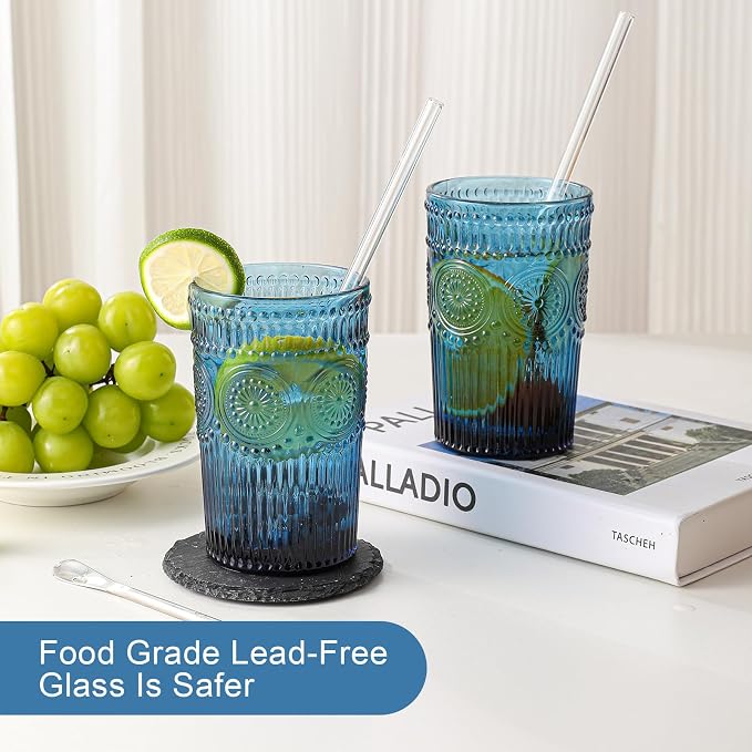 ZMOWIPDL Drinking Glasses Set of 6,13oz Flower Design Blue Glass Cups | Vintage Glassware,Textured Tumblers,Embossed Striped Drinkware for Water,Cocktails,Juice,Iced Coffee - Image 4