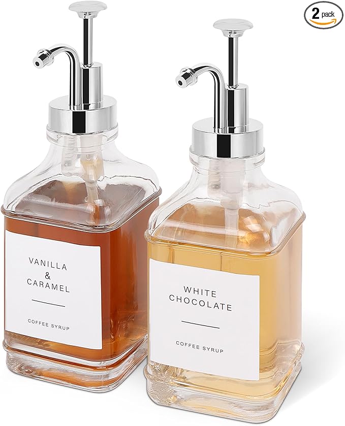 Coffee Syrup Dispenser for Coffee Bar, Clear Glass Syrup Bottles with Pump, Refillable Maple Syrup Storage, Coffee Station Accessories and Organizer, 500ml, Set of 2 (Chrome Finish)