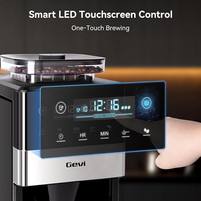 Gevi 10-Cup Grind & Brew Coffee Maker, Touch Screen, Programmable Brew | All-In-One 10-Cup Coffee Maker With Built-In Grinder & Glass Carafe, 90-Min Warm Plate, Reusable Filter, 1.5L Tank - Image 2