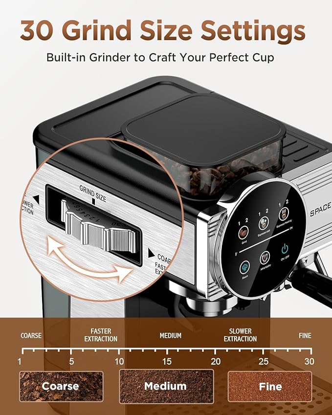 Spacekey Espresso Coffee Machine with Grinder, Milk Frother, Cold Brew, 20 Bar | Coffee Maker with 30 Grind Settings, 60oz Removable Tank, Home Barista Kit for Lattes, Cappuccinos, Americano - Image 2