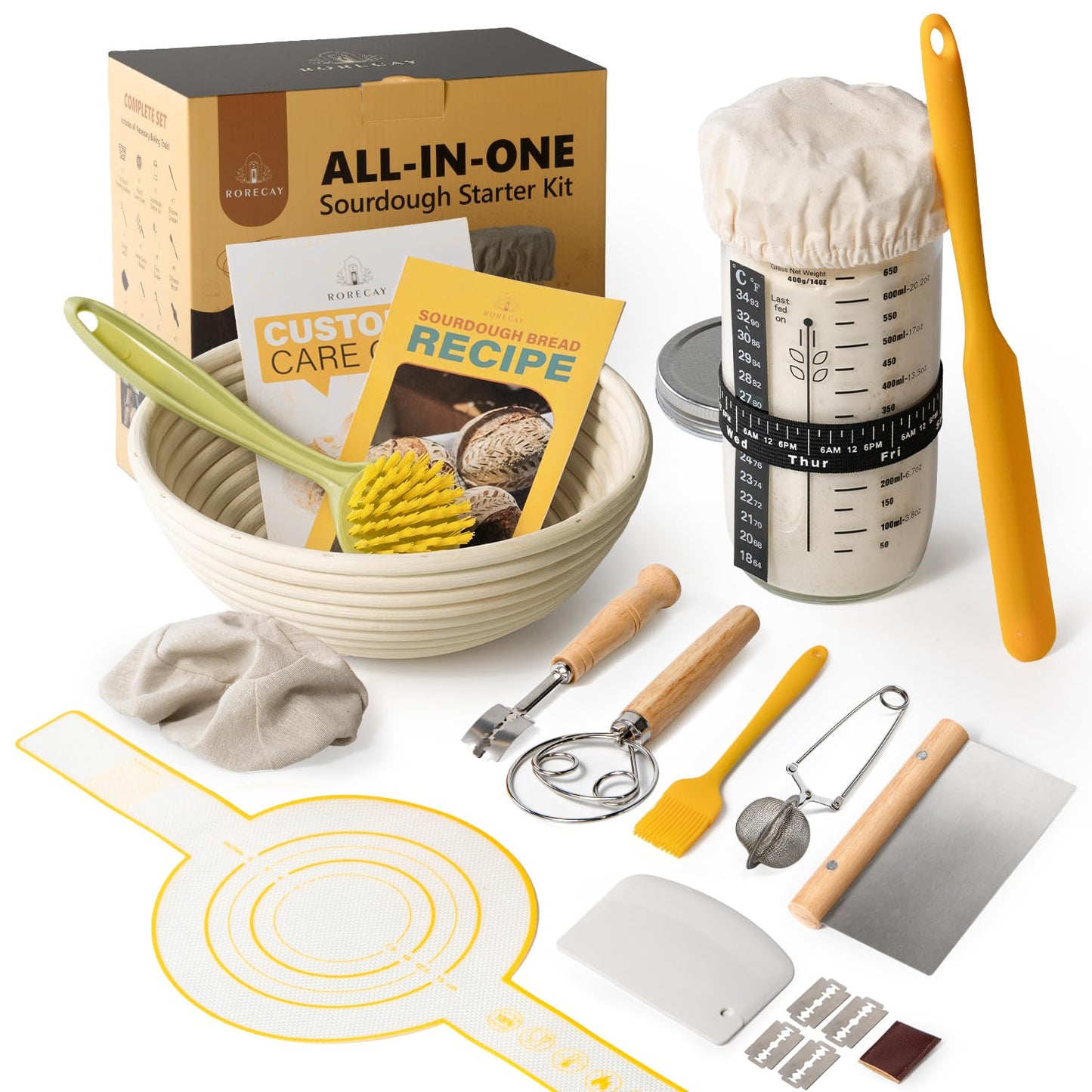 Complete Sourdough Bread Baking Kit with Banneton Basket & Starter Jar