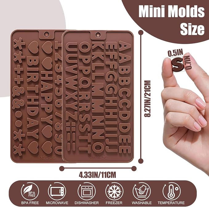 2pcs Silicone Letter Mold and Number Chocolate Molds with Happy Birthday Cake Decorations Symbols,Small Mini Size for Alphabet Decorating Strawberries Lollipop Fondant, Heart Shaped Gift Choice - Image 2