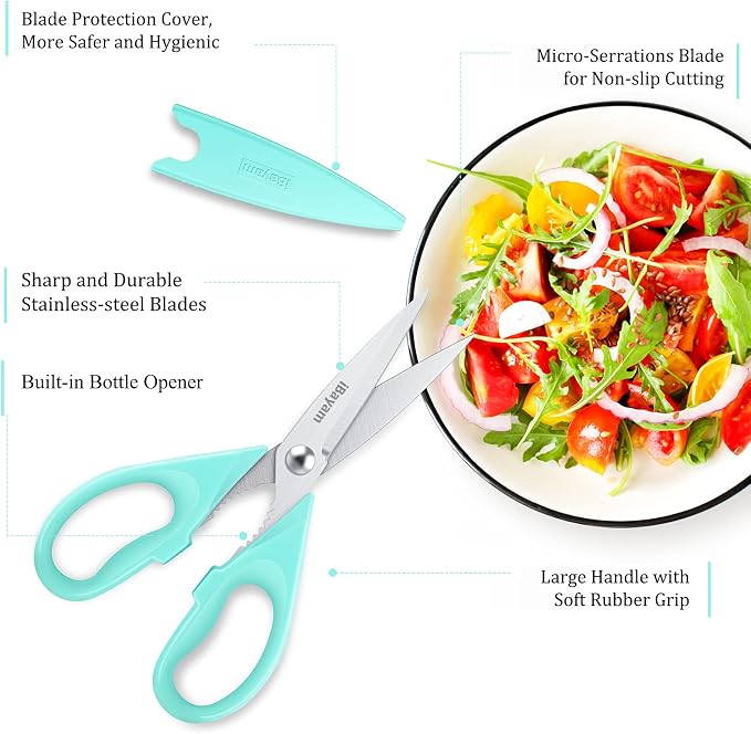 iBayam Cute Kitchen Scissors All Purpose Heavy Duty Meat Poultry Shears | Pastel Pink, Mint Blue, Built-In Bottle Opener, Protective Sheath, Dishwasher Safe, Stainless Steel, Comfort Grip, Left/Right - Image 2