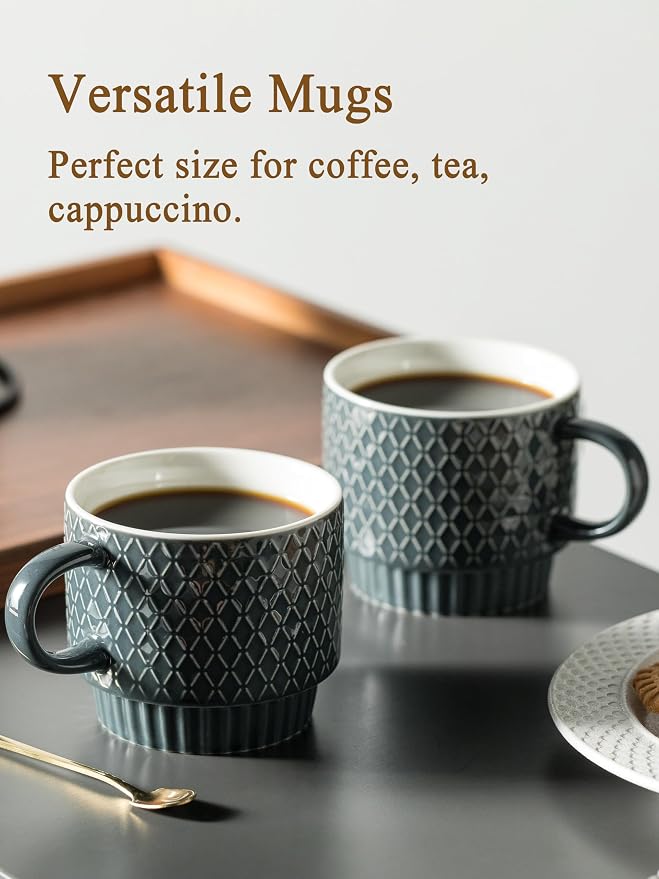 Gomakren Coffee Mugs Set of 4, 13oz Stackable Coffee Cup with Stand, Grey | Stackable Space-Saving, with 4 Spoons | Textured Grey Grid Stoneware Dishwasher Safe, for Coffee Milk Tea Cocoa & Gifting Use - Image 6