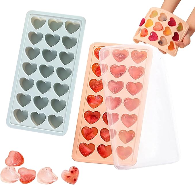 2 Pack Heart-Shaped Ice Cube Trays - 42 Holes Silicone Heart Ice Cube Tray with Lid, BPA Free and Dishwasher Safe, Mini Fun Ice Cube Mold, Easy to Remove (Pink + Blue)
