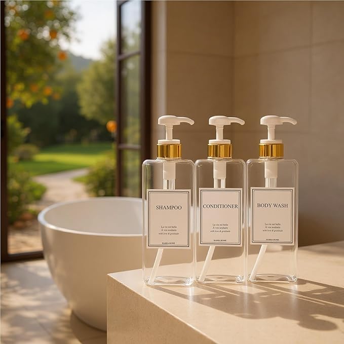 Modern Gold Design Large 27 oz Shampoo and Conditioner Dispensers - Plastic Refillable Pump Bottle Set for Bathroom Shower Soap Dispenser, Includes 6 Waterproof Labels, Set of 3 (Clear & White)