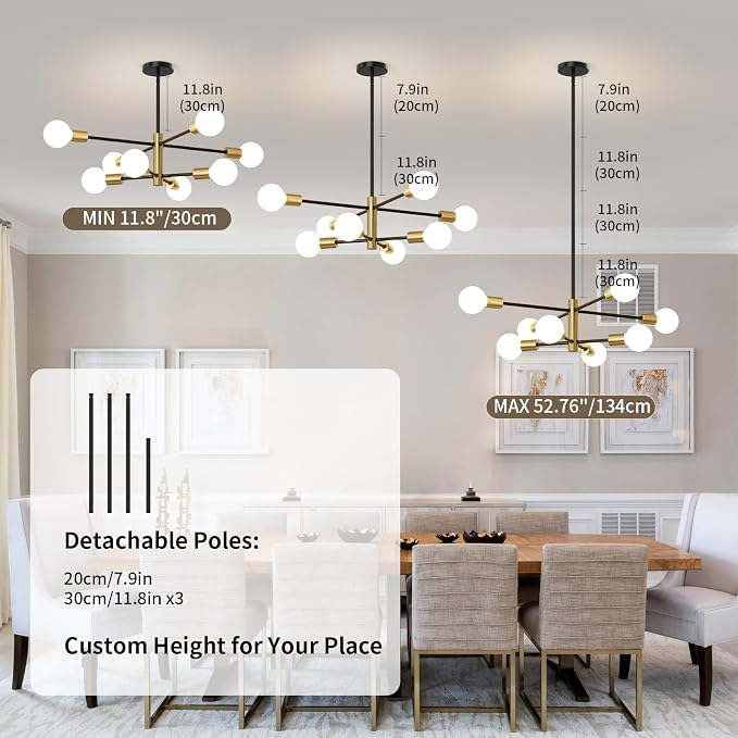 Sputnik Chandeliers Moderna Light Fixture, 8 Lights Black and Gold Mid Century Ceiling Chandelier, Height Adjustable for Living Room, Kitchen, Dining Room, Bedroom,Foyer - Image 5