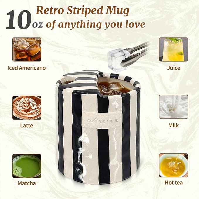 10 oz Ceramic Coffee Mug with Sip Hole & Silicone Sleeve, Black | Cute Hand-Painted Striped Porcelain, Gift for Coffee Lover, Cold & Hot Drinks, Microwave & Dishwasher Safe - Image 6