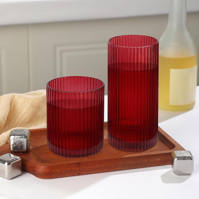 Ribbed Drinking Glasses 8pcs, 12oz and 10oz Glassware, Tumbler Glasses Cup Set for Wedding, Party, Christmas Gift, Red - Image 6