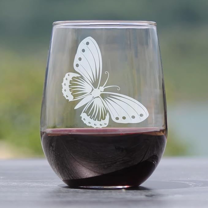 Butterfly Engraved Stemless Wine Glass | Elegant Hand Etched Glassware Nature Lover Unique Insect Art - Image 2
