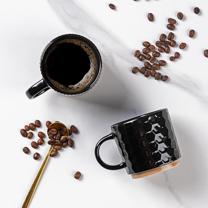 GBhome 6 OZ Stackable Coffee Mugs Set of 4, Ceramic Coffee Cups Set | 4 Assorted Designs, Embossed Mugs with Texture Patterns for Espresso/Tea, Dishwasher&Microwave Safe, Black - Image 3