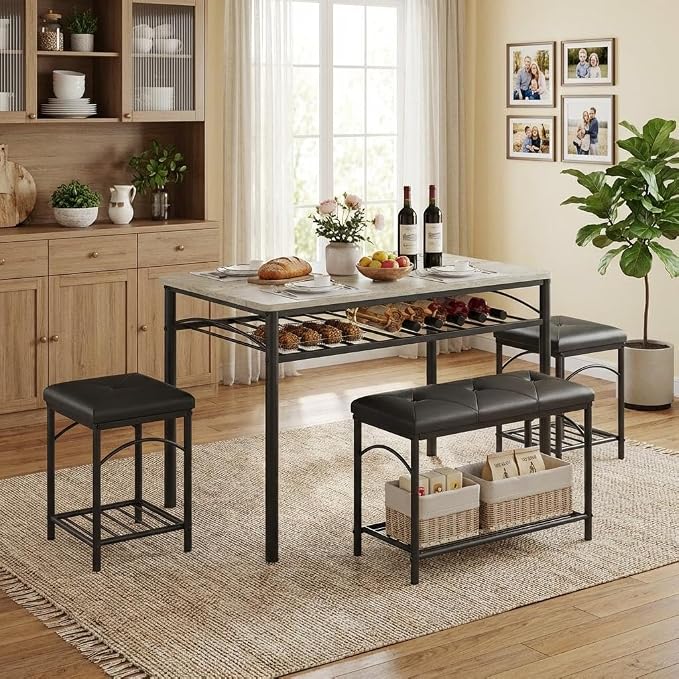 GarveeHome Dining Table Set for 4 with Upholstered Benches and 2 Stools, Modern Space Saving Kitchen Breakfast Table, Ideal for Small Kitchens, Apartments, Studios, and Compact Living Spaces - Image 4