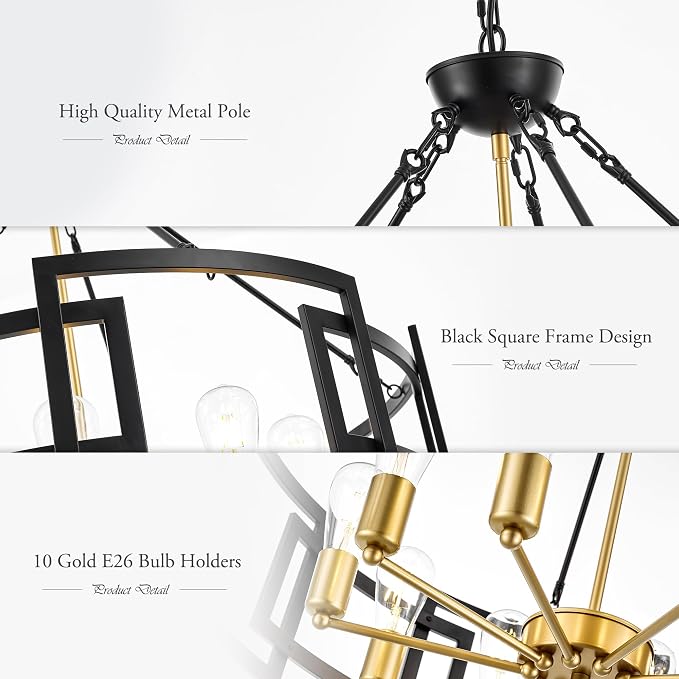Modern 31.5" Black Gold Chandelier for Dining Room Large Industrial Vintage 6-Light Round Ceiling Mount Pendant Light Fixture for Kitchen Bedroom Living Room Stairway Hallway Entryway Foyer - Image 8
