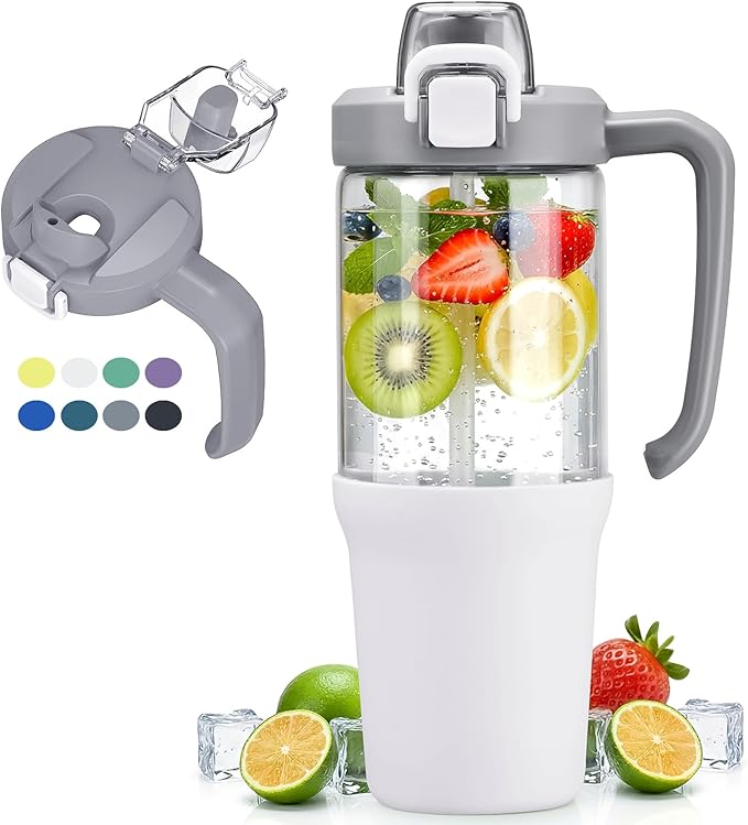 32 oz Glass Tumbler with Handle, 2-in-1 Straw and Sip Spout, Leakproof, BPA-Free Glass Water Bottle for Sports, Office, School, White