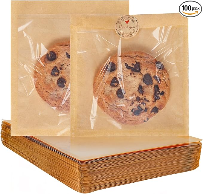 SUREHOME Cookie Bags Small Brown Paper Bags with Window 100 Pcs Thank You Stickers 5.7 x 6.5 Inch Individual Heat Sealable Kraft Bakery Bags for Gift Giving, Treats, Snacks, Baked Goods Packaging by SUREHOME