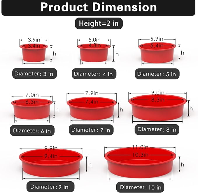8-Piece Silicone Cake Pans Sets for Baking - Nonstick Silicone Round Cake Molds for Layer Cakes, Rainbow Cakes and Tiered Cakes - 3/4/5/6/7/8/9/10 inch