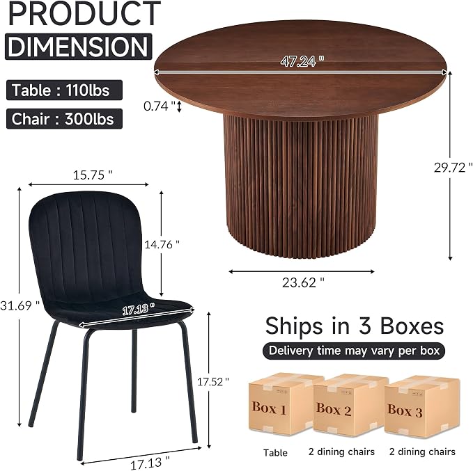 5 Piece Round Dining Table Set for 4, Mid Century Modern Wooden Kitchen Table and Chairs, Space-Saving Small Dinette Set (47 Inch Walnut Table+4 Black Chairs) - Image 5
