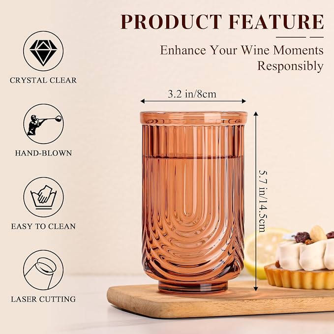 Venus Vintage Drinking Glasses Set of 6-17oz Hand-Blown Highball Ribbed Glassware, Arch Design Cocktail Glasses for Whiskey Water Beverages Ice Coffee Juice Milk - Image 3