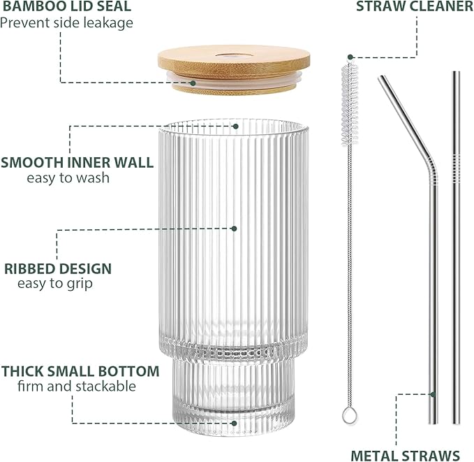 16oz Glass Cups with Lids and Straws - 4 Pack Iced Coffee Cups, Clear Tumbler with Bamboo Lid & Straw, Reusable Ribbed Glassware for Matcha, Smoothie, Cocktail,Juice