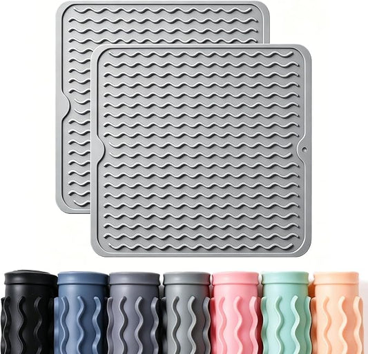 2 Pack Caketime Silicone Dish Drying Mat for Kitchen Counter Heat Resistant Quick Dry Pads Hot Dishes Waterproof with Under Sink Rack Soap Holder Coffee Accessories Women Gifts 12"x12" Light Gray by CAKETIME