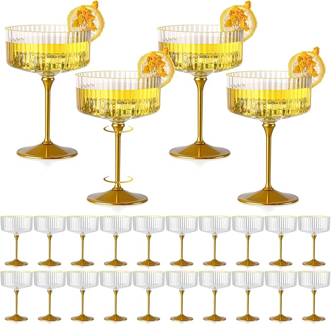 24 PCS Ribbed Coupe Glasses with Gold Stem Clear Plastic Champagne Coupe Cup 10oz Detachable Gold Rim Espresso Martini Glass Vintage Margarita Glassware Cocktail Glass for Christmas by Unknown