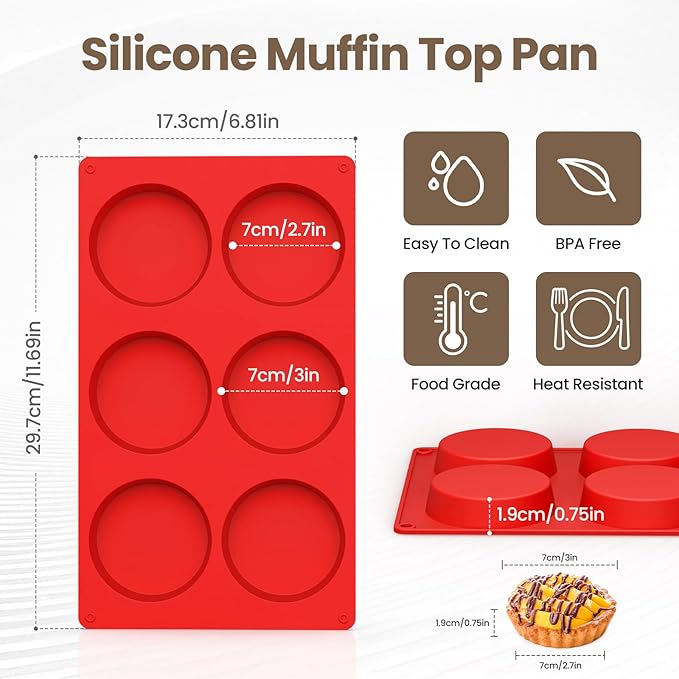 Redfly Silicone Egg Molds for Breakfast Sandwiches 2 Pcs, Non Stick 3 Inch Egg Bites Baking Pans, Silicone Muffin Pans for Baking, Round Muffin Top Pan for Whoopie Pie Pan, Tarts, Quiche
