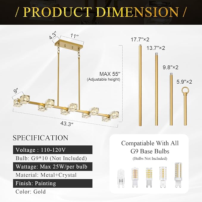 10 Lights Modern Crystal Chandelier L 43" Dining Room Gold Sputnik Ceiling Pendant Lights Industrial Hanging Light Fixture for Kitchen Island Over Table Living Room Bedroom - Image 3
