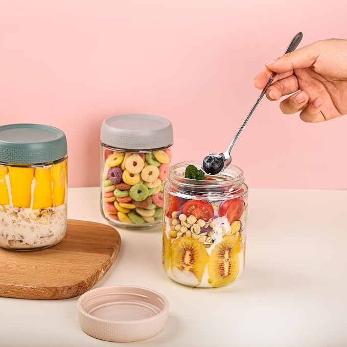 YUNCANG 6-pack Overnight Oats Containers with Airtight Lids, 16 oz Wide Mouth Mason Salad jars, Glass Food Storage Containers for Sugar Spice Yogurt Snacks - Image 2
