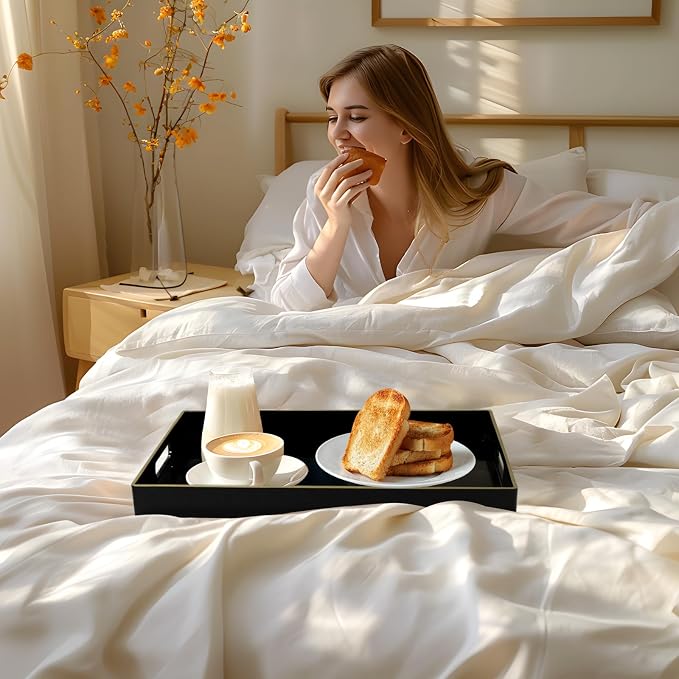 MAONAME Black Decorative Tray for Coffee Table, Serving Tray with Handles | Plastic Melamine Tray, Modern Ottoman Tray, Rectangular Countertop Organizer Tray for Living Room, 15.8"L x 10.2"W x 1.4"H - Image 5